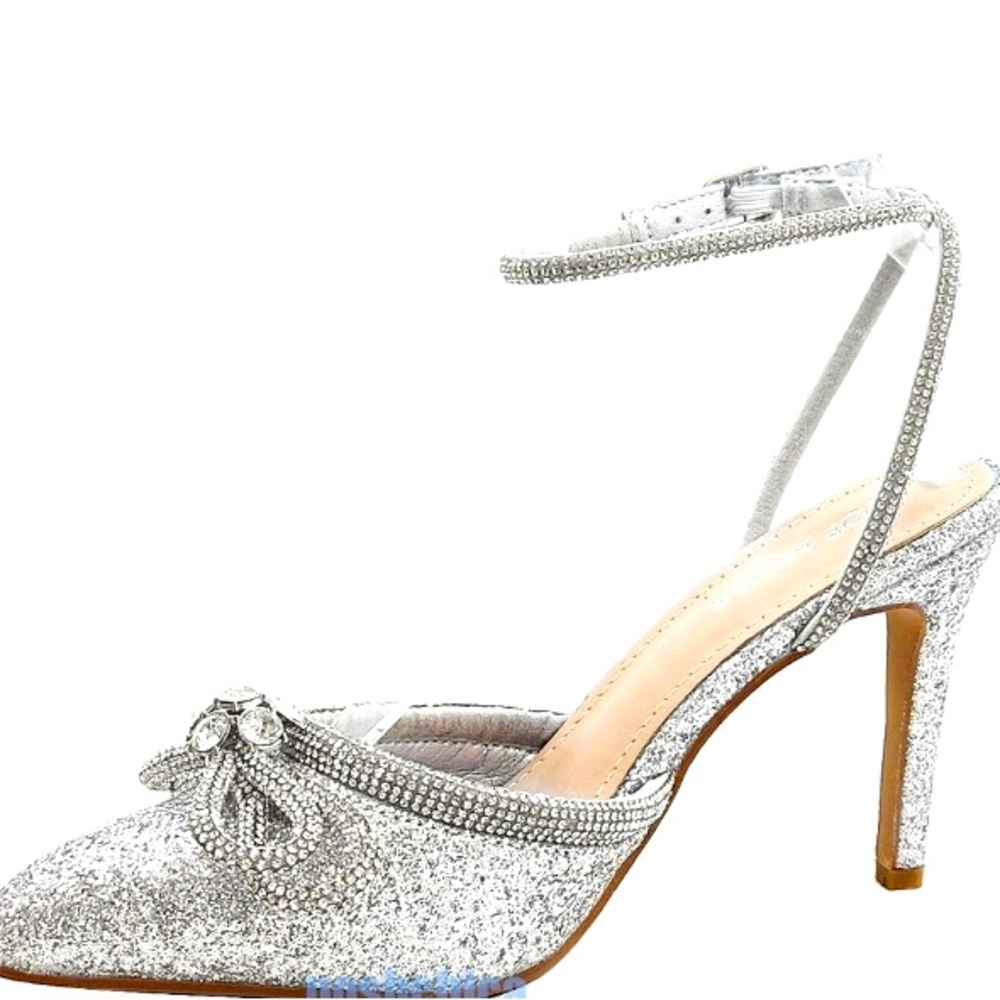 New Silver Glitter Rhinestone Bow Pointed Toe Ankle Strap High Heels Pumps